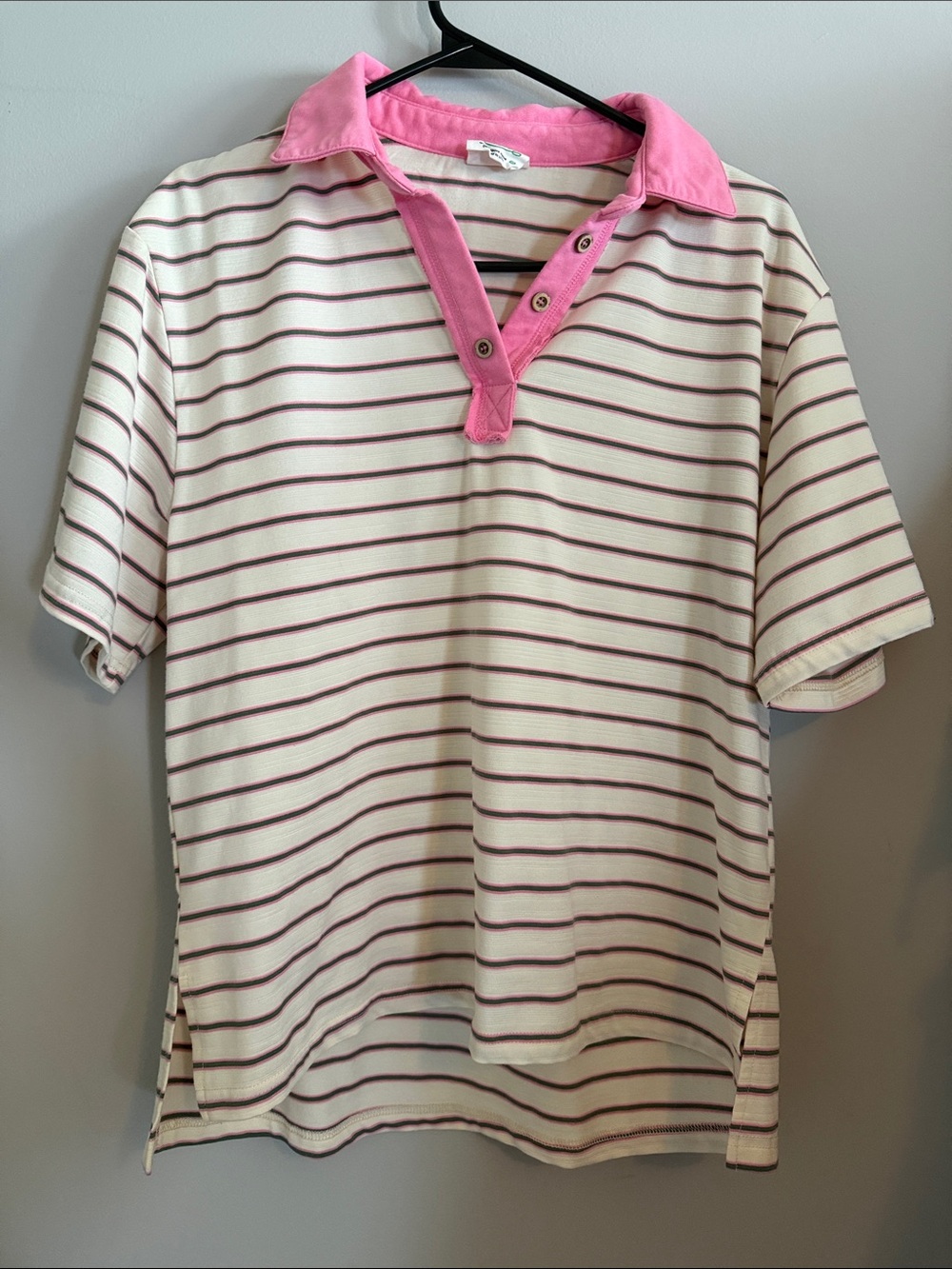 Pink-Trim Striped Polo Tee for Women
